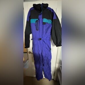 CORNICE MEN'S XL ONE PIECE SKI SNOW SUIT‎ SNOW BIB BLACK NEON PURPLE VTG rn39441